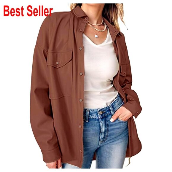 Jackets & Blazers - PU Leather Shacket Button Down Lapel Blazer Coat with Bust Pocket